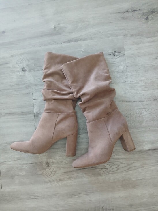 Shoes - Taupe Light Brown Faux Suede Slouchy Mid-Calf Block Heeled Boots Size 7 -